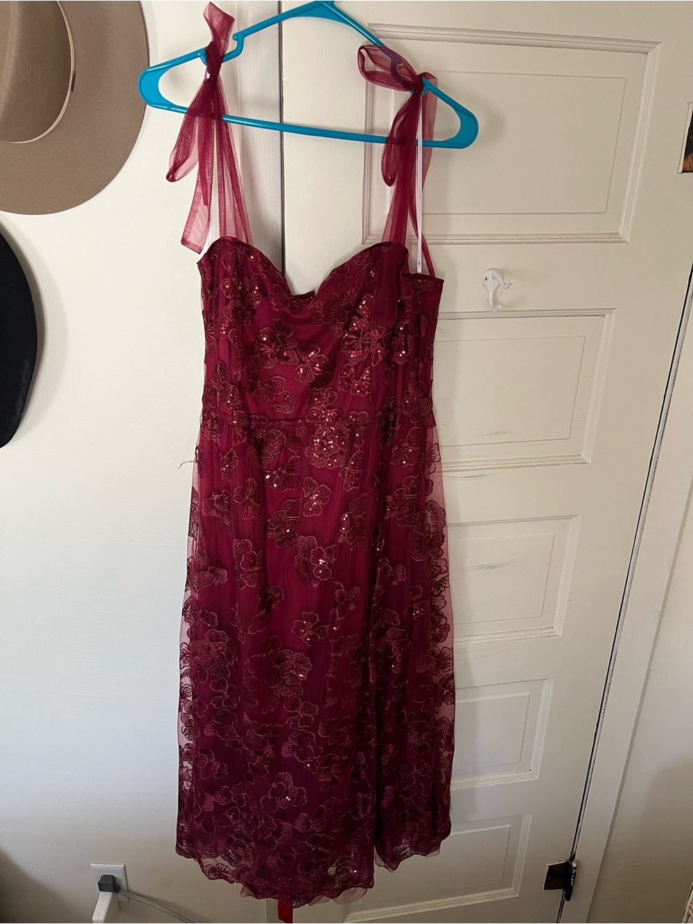 Lulu's Wine Red Embroidered Sequin Midi Dress with Sheer Straps